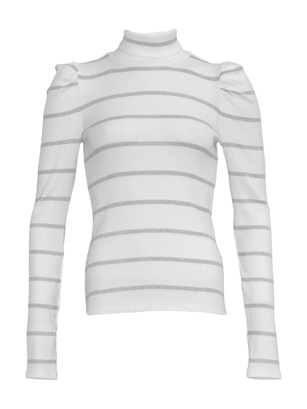Veronica Beard Cedar Metallic Stripe Puff Sleeve Turtleneck White Long Sleeve - Picture 2 of 8